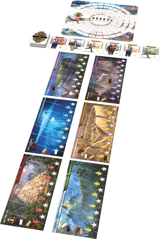 Bordspel componenten: spelbord, speelkaarten met avonturiers, tokens.