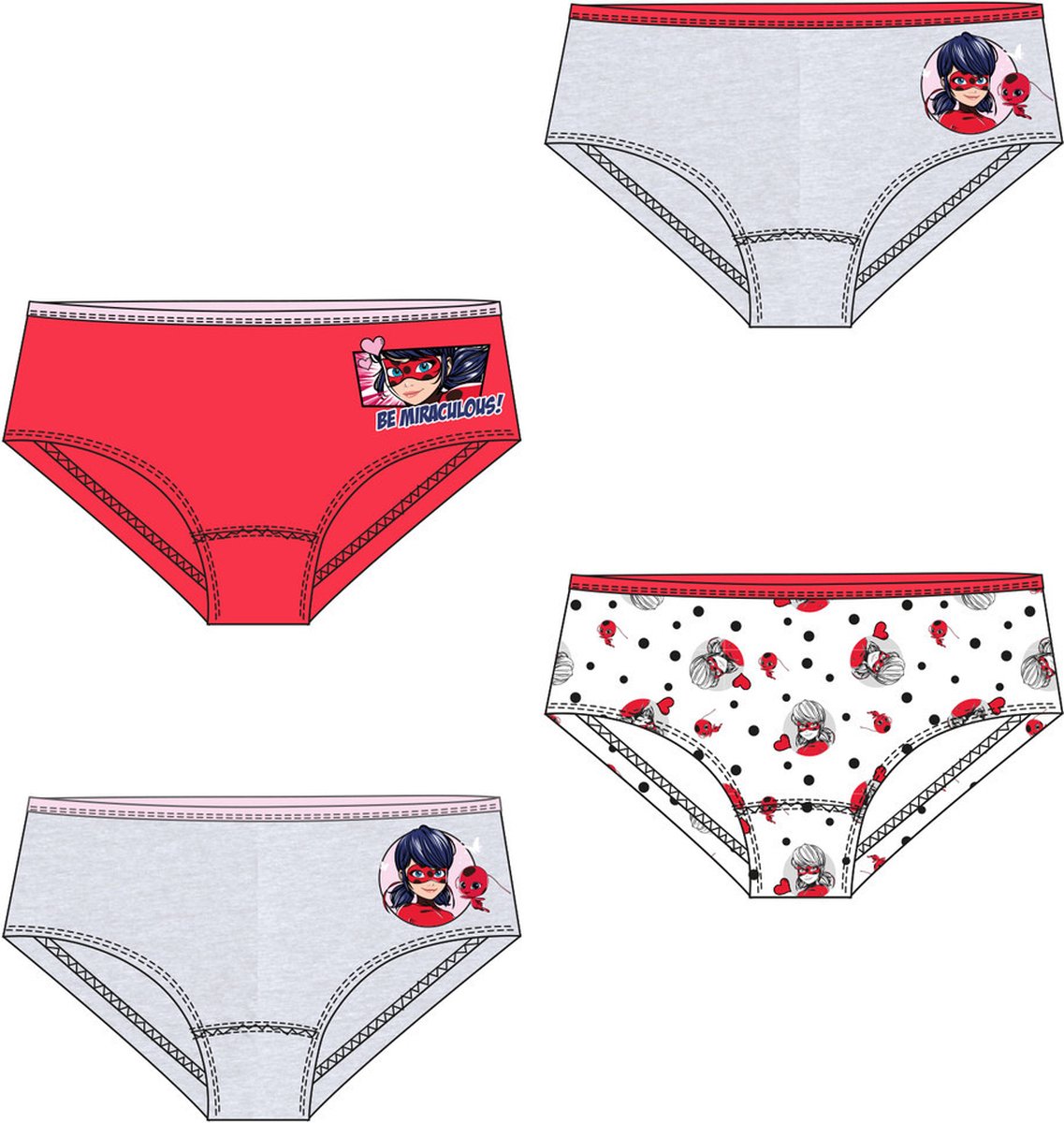 Miraculous Ladybug onderbroek - set van 4 - Grijs/Rood/Wit - maat 134/140