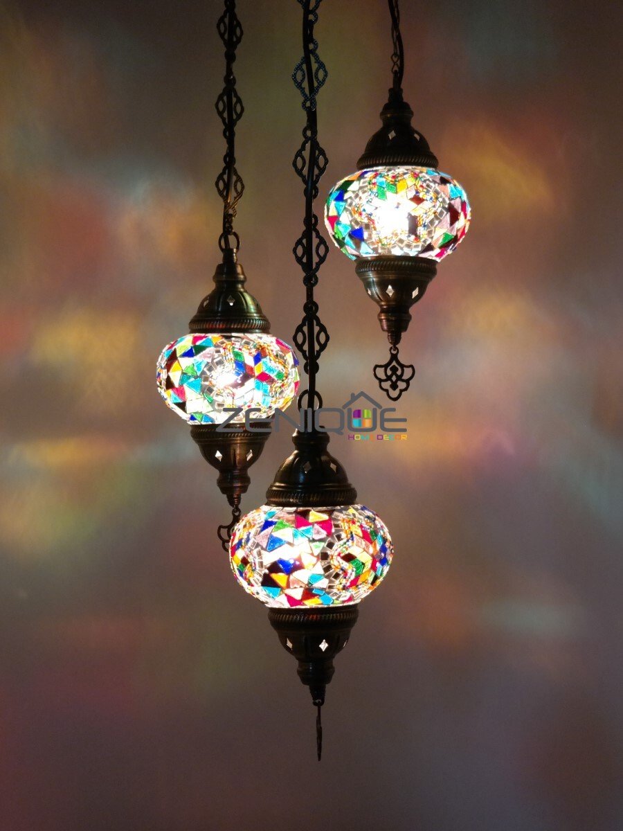Turkse Lamp - Hanglamp - Mozaïek Lamp - Marokkaanse Lamp - Oosters Lamp - ZENIQUE - Authentiek - Handgemaakt - Kroonluchter - Multicolour mix - 3 bollen