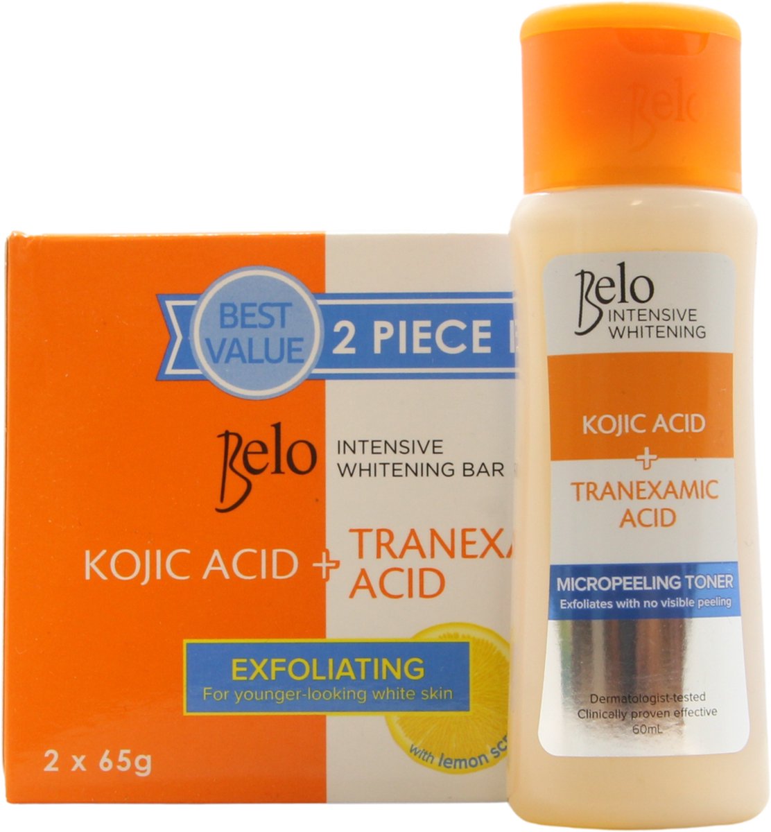 Belo intensive Whitening Micropeeling Toner + Exfoliating zeep met Kojic Acid + Tranexamic Acid -
