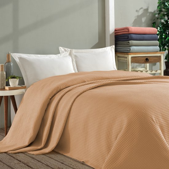 Couvre-lit double gaufré / Couverture de lit double gaufré -- 100 % coton -- Blauw -- 200 x 260 cm -- Tissu naturel certifié