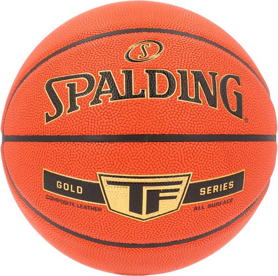 Oranje Spalding basketbal met zwarte lijnen, 'SPALDING' en gouden 'TF GOLD SERIES' logo.