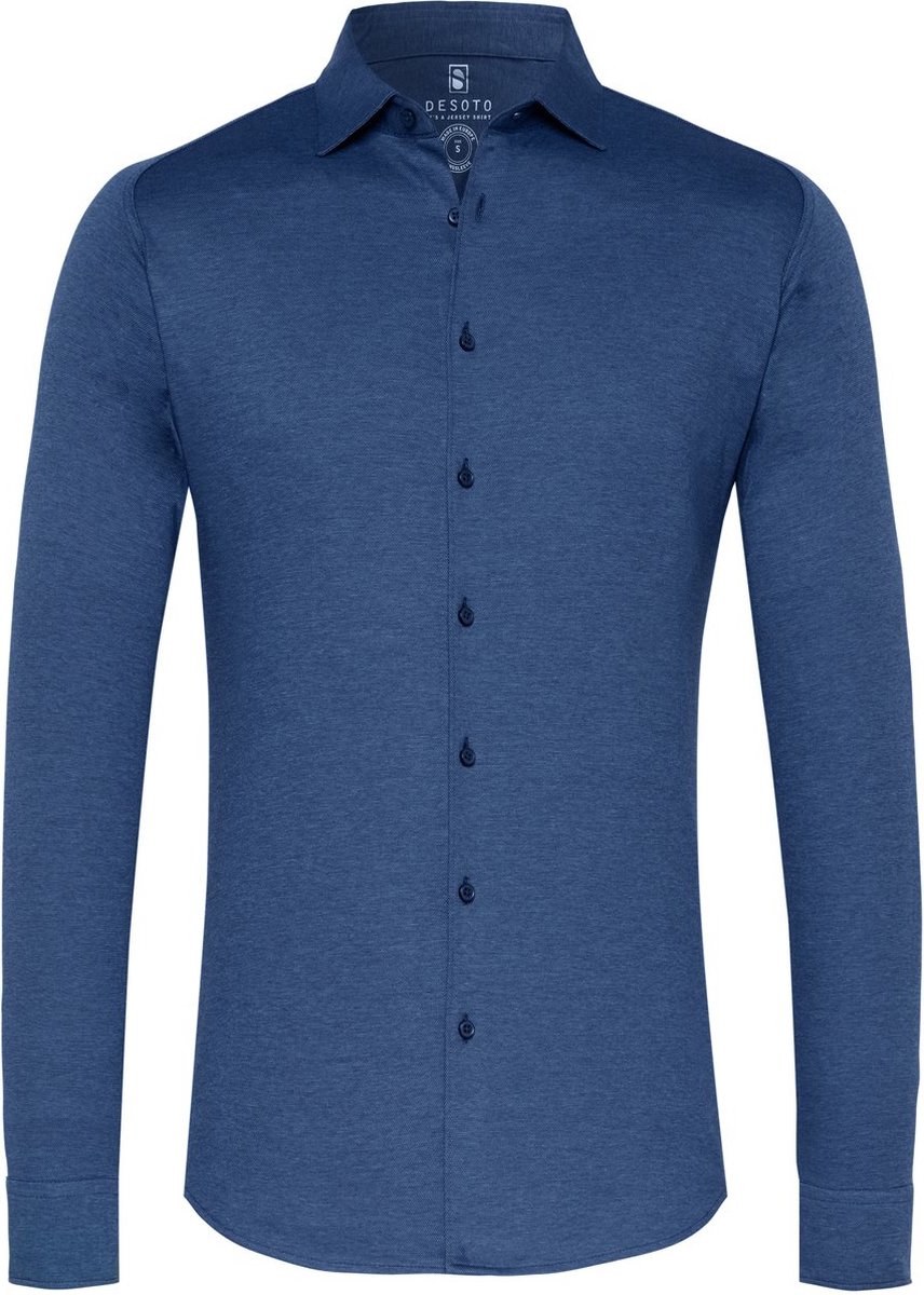DESOTO slim fit overhemd - stretch pique tricot Kent kraag - jeansblauw melange - Strijkvrij - Boordmaat: 37/38