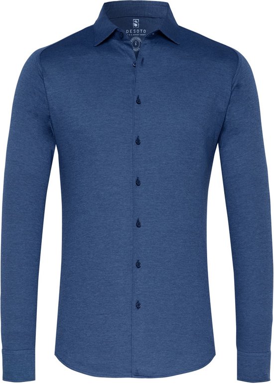 DESOTO slim fit overhemd - stretch pique tricot Kent kraag - jeansblauw melange - Strijkvrij - Boordmaat: 43/44