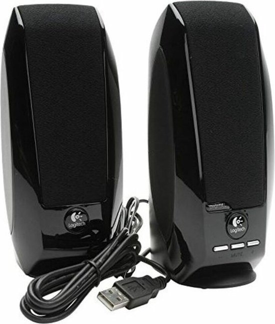 Zwarte Logitech speakers met USB-kabel en bedieningsknoppen op de rechter.