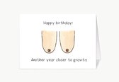 Une autre année plus proche de la gravité - peau claire - Carte d'anniversaire avec enveloppe - Seins tombants - Drôle - Humour - Anglais - Anniversaire