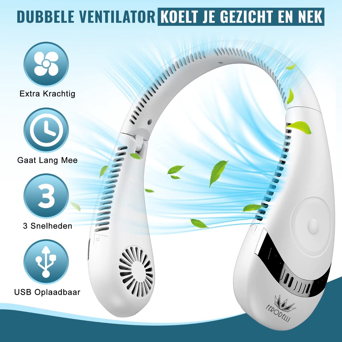 Ferodelli Nekventilator - Draagbare Gezichtsventilator - Neck Fan - Met Koeling - Hals - Hoofd - Inclusief Accessoire - 3 Standen — afbeelding 8