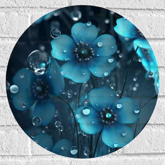 Foto: Muursticker cirkel waterdruppels op blauwe vergeet mij nietjes bloemen 40x40 cm foto op muursticker