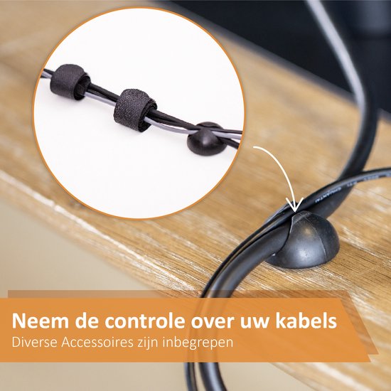 Zwarte kabelbinders die kabels organiseren, vastgemaakt aan een bureau. Een cirkel toont de details.