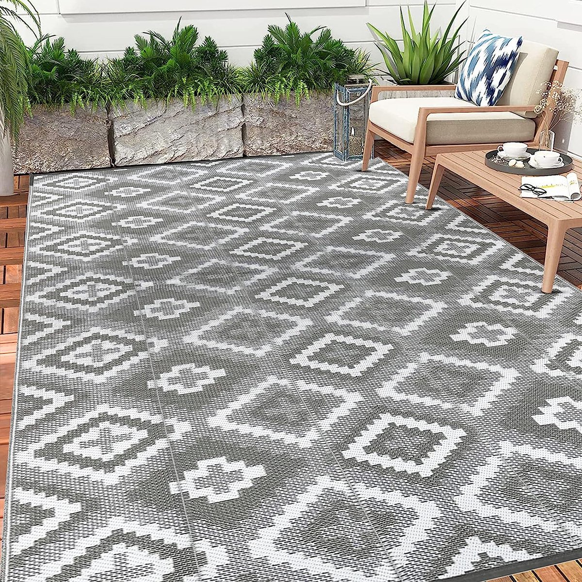 Tapijt voor buiten, binnen, picknickplaats, 150 x 240 cm, groot, geweven vloertapijt, duurzaam opvouwbaar plastic rietkleed, gerecycled uv-bestendig tuintapijt voor achtertuin, veranda, terrassen