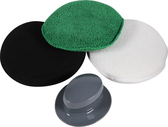 Grijze handgreep met een zwarte, witte en groene Turtle Wax poets- en waxpad.