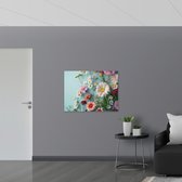 Poster Glanzend – Verschillende Kleuren en Soorten Bloemen op Pastelblauwe Achergrond - 100x75 cm Foto op Posterpapier met Glanzende Afwerking