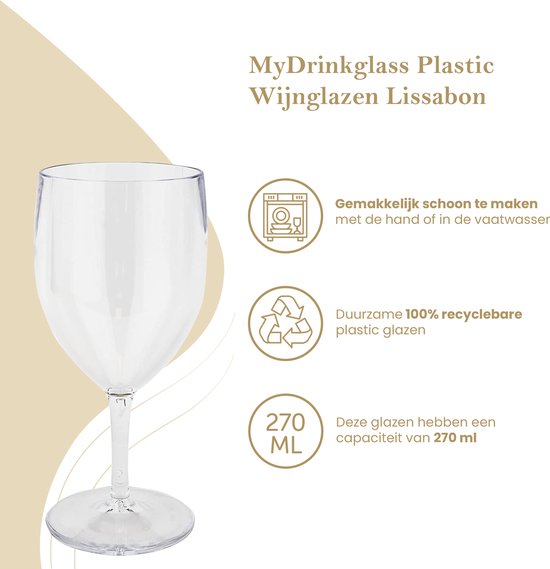 MyDrinkglass Plastic Wijnglazen Lissabon Transparant - Set van 4 Stuks - Onbreekbaar - Kunststof Glazen voor Witte of Rode Wijn - Herbruikbaar Wijnglas geschikt voor de Camping - 270 ml