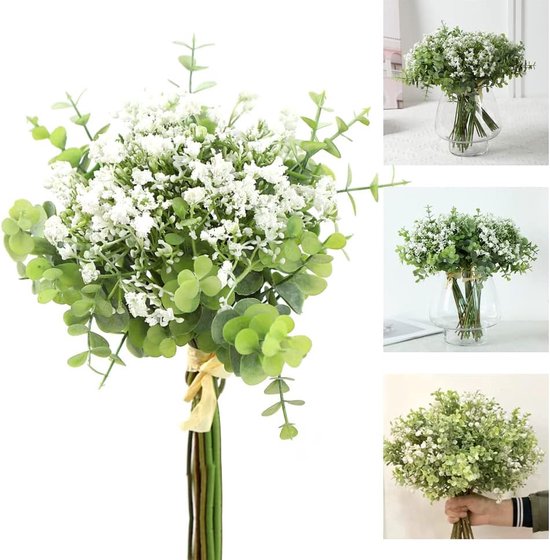 12 stuks Gypsophila kunstmatige witte Gypsophila kunstbloemen en eucalyptus boeket kunstplant voor bruiloftsdecoratie, thuis, feestdecoratie