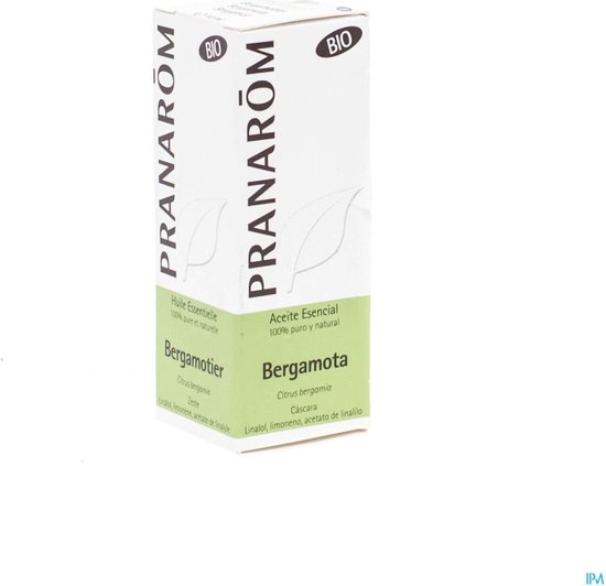 Doos met biologische bergamot essentiële olie, met PRANAROM logo en bio-certificering, in het Nederlands, Frans en Spaans.