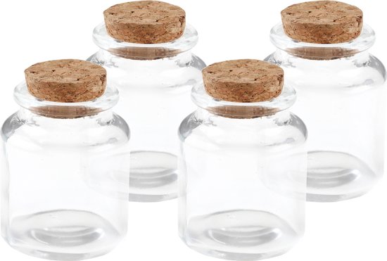 4x Mini glazen flesjes/potjes 5 x 6 met kurk dop - Hobby/diy - Bedankjes/weggevertjes - Kleine bewaarpotjes/voorraadpotjes