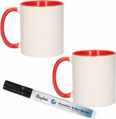 4x stuks rood/witte drink mokken van keramiek met een zwarte porseleijn marker stift - Maak uw eigen mokken