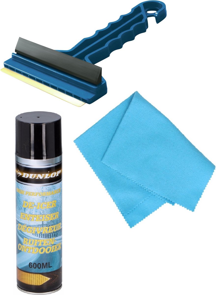 Autoramen IJskrabber/trekker blauw 16 cm - met anti-condens doek - en ruitenontdooier spray