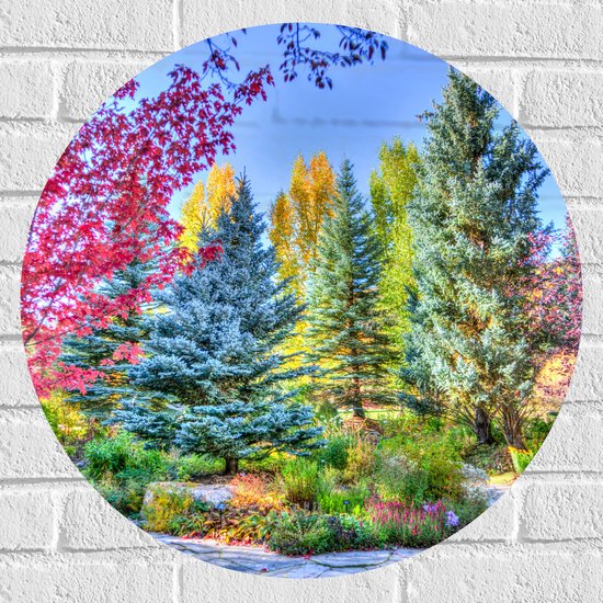 Muursticker Cirkel - Parkje - Bomen - Bloemen - Planten - Bankje - Kleuren - 60x60 cm Foto op Muursticker
