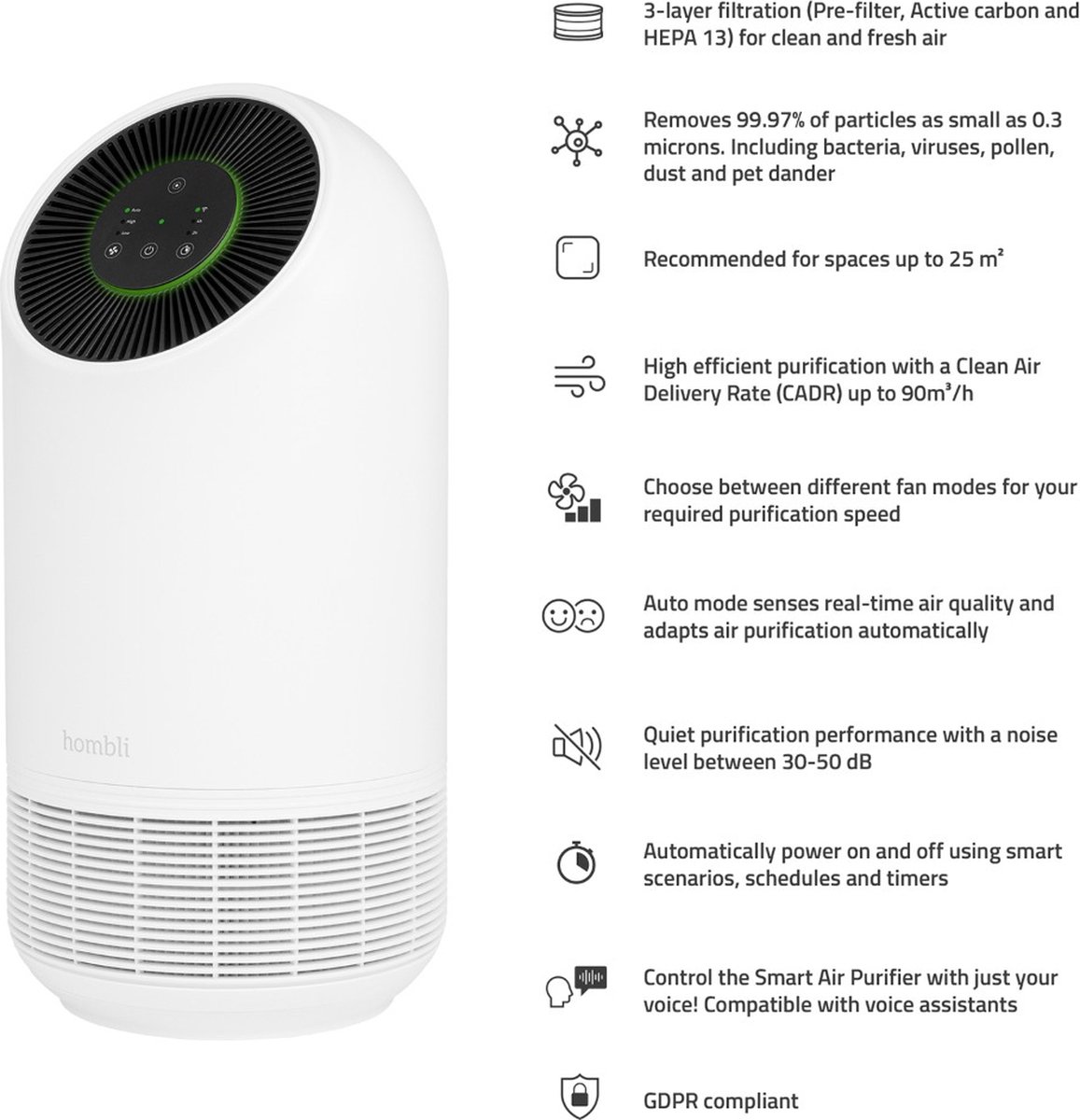 Hombli Smart Air Purifier – Luchtreiniger – HEPA 13 Filter en Actieve Koolstoffilter – Wifi - Bediening via App – Spraakbesturing met Google, Alexa en Siri — afbeelding 3