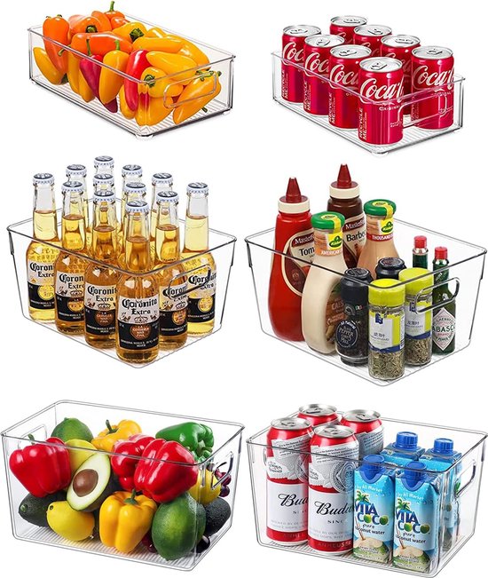 FINEW Koelkastorganizer, set van 6 (3 maten), stapelbare voorraaddozen, doorzichtige koelkastopbergdoos, organisatie voor keuken, lade, spoelbak, badkamer, BPA-vrij