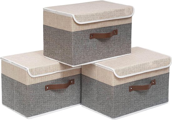 3 stuks opbergdozen met deksel, 38 x 25 x 25 cm, opvouwbare stoffen dozen, opbergmanden, organizer voor speelgoed, kleding, boeken, beige/grijs