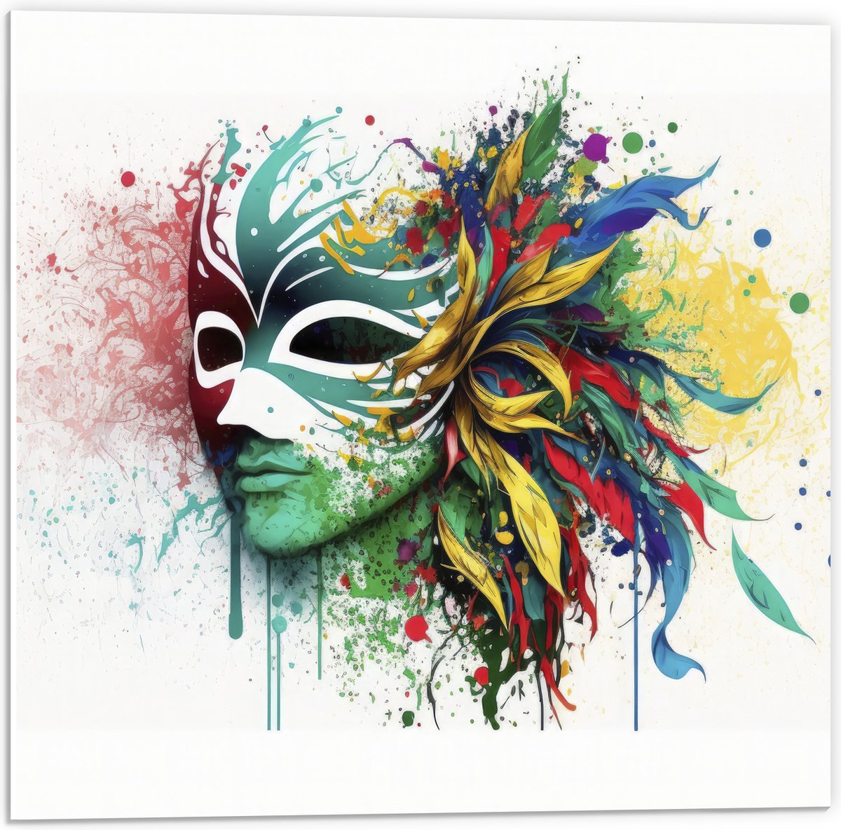 PVC Schuimplaat - Waterverf Tekening van Kleurrijke Carnavals Masker tegen Witte Achtergrond - 50x50 cm Foto op PVC Schuimplaat (Met Ophangsysteem)