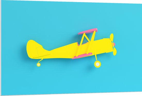 PVC Schuimplaat- Zijaanzicht van Felgeel Zweefvliegtuig met Roze Details tegen Blauwe Achtergrond - 120x80 cm Foto op PVC Schuimplaat