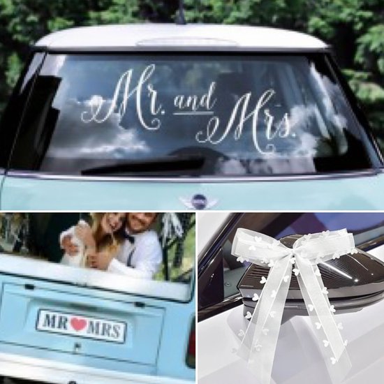 Pack décoration voiture de mariée avec grand autocollant Mr & Mrs