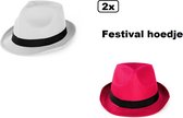 2x Festival hoed combi pink en wit mt.59 - Stro -Hoofddeksel hoed festival thema feest feest party