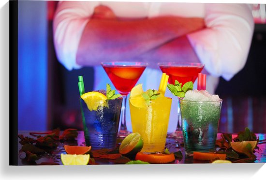 Canvas - Diverse Cocktails met Stukjes Fruit - 60x40 cm Foto op Canvas Schilderij (Wanddecoratie op Canvas)