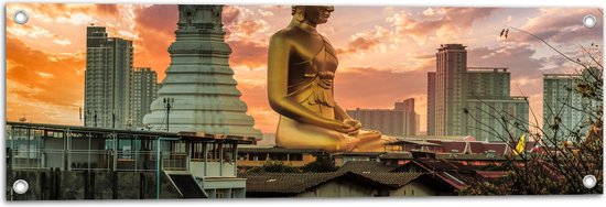 Tuinposter – Gouden Boeddha voor Wat Paknam Phasi Charoen in Bangkok, Thailand - 90x30 cm Foto op Tuinposter (wanddecoratie voor buiten en binnen)