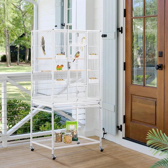 Vogelkooi, vogelvolière met deur en wieltjes, vogelhuis voor valkparkieten, papegaaien, 62 x 43 x 136cm , wit HMTM-BC-10017-White