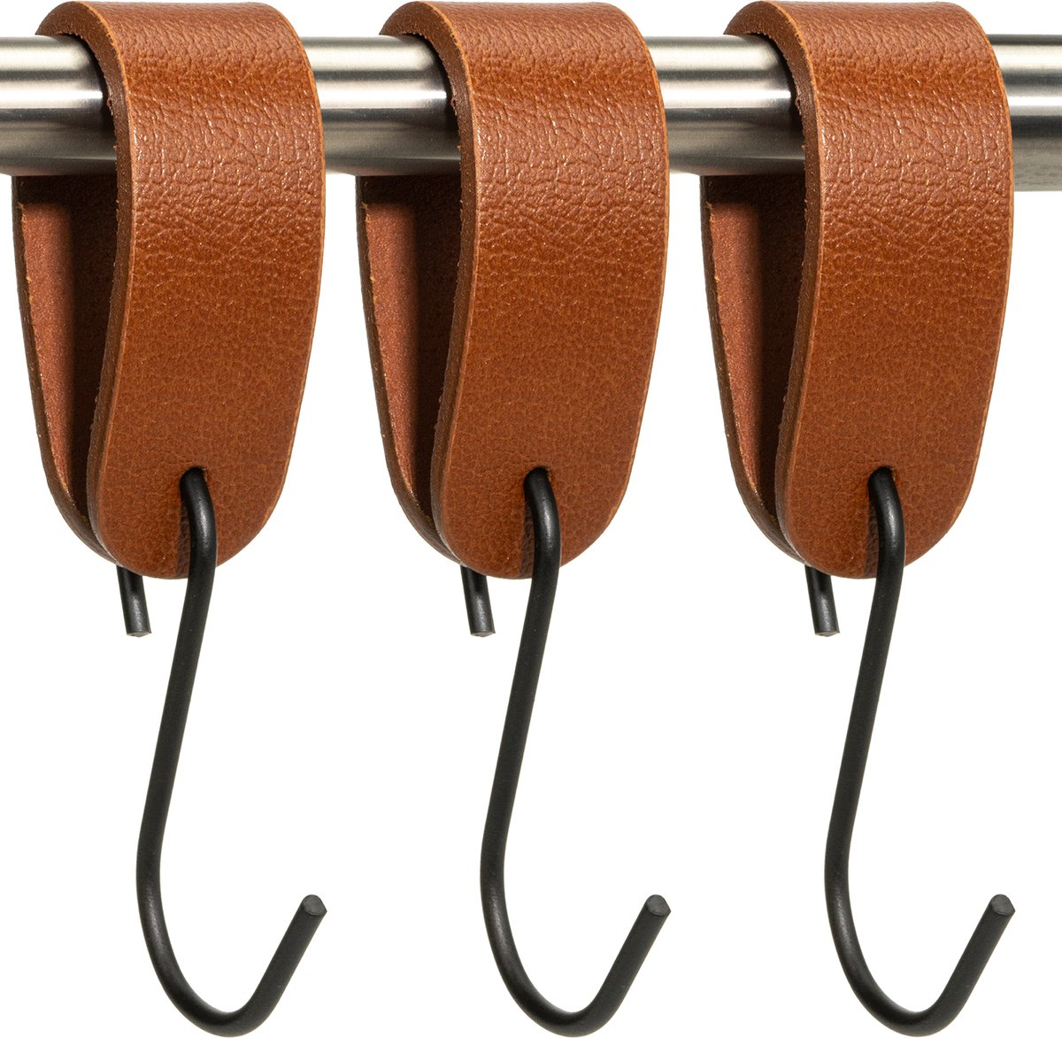 Buffel&Co Ophanghaken - Leren S-haak hangers - Cognac - 3 stuks - 15 x 2,5 cm – Handdoekhaakjes – Kapstokhaak