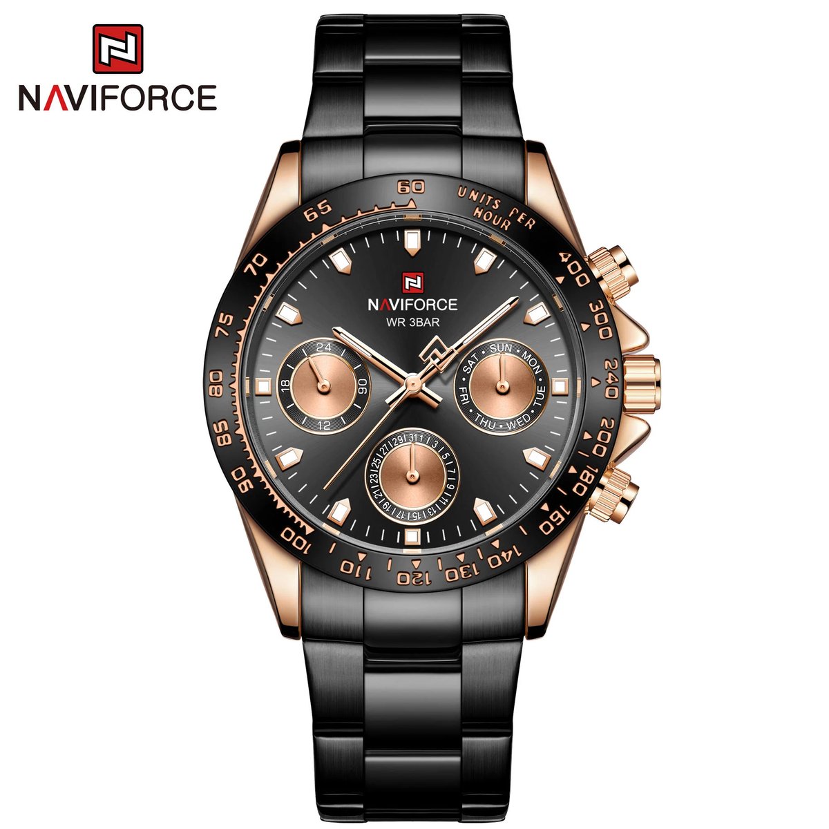NAVIFORCE horloge voor mannen, met zwarte metalen polsband, gouden uurwerkkast en zwarte wijzerplaat ( model 9193 RGBB ), verpakt in mooie geschenkdoos
