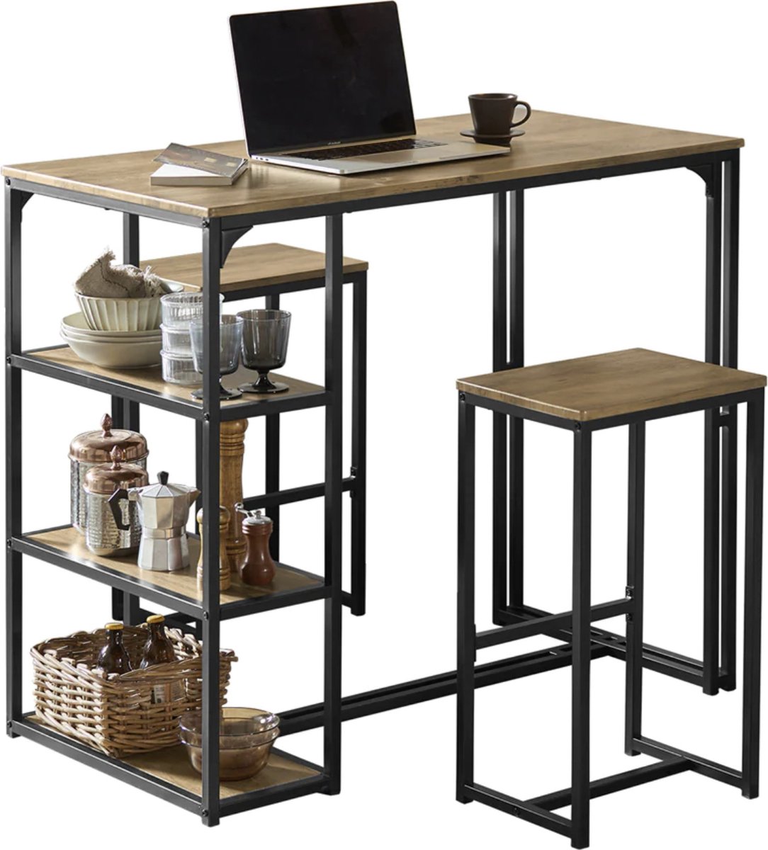 Simpletrade Bartafel met 2 krukken - Bureau - 3 legplanken - MDF - 110x97x61cm