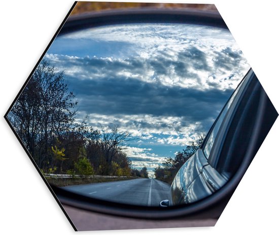 Dibond Hexagon - Uitzicht op Bomen langs de Weg vanuit Autospiegel - 30x26.1 cm Foto op Hexagon (Met Ophangsysteem)