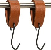 Buffel&Co Ophanghaken - Leren S-haak hangers - Cognac - 2 stuks - 15 x 2,5 cm – Handdoekhaakjes – Kapstokhaak