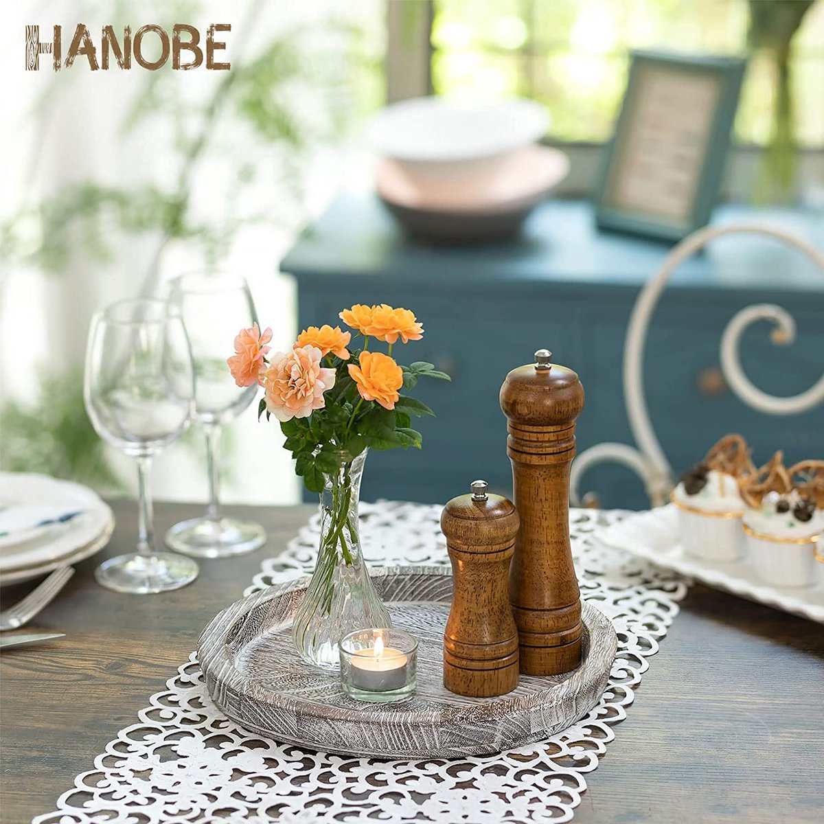 Hanobe Plateau de Service Bois: Rond Decoratif Bougies Plateaux