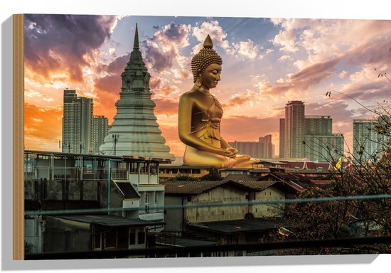 Hout - Gouden Boeddha voor Wat Paknam Phasi Charoen in Bangkok, Thailand - 60x40 cm - 9 mm dik - Foto op Hout (Met Ophangsysteem)