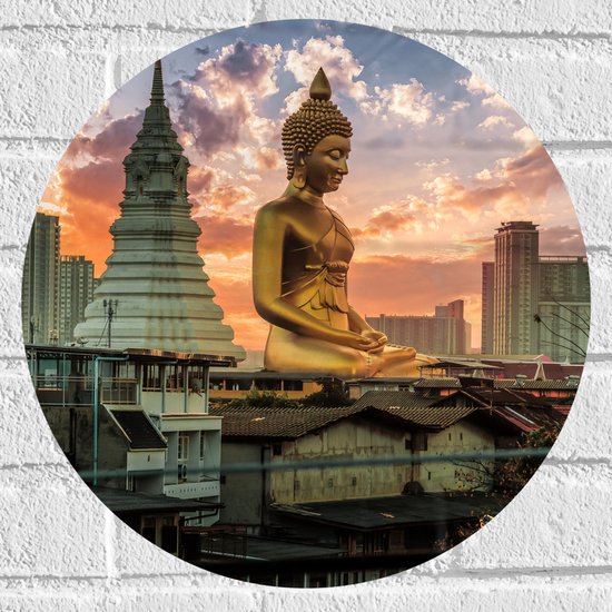 Muursticker Cirkel - Gouden Boeddha voor Wat Paknam Phasi Charoen in Bangkok, Thailand - 40x40 cm Foto op Muursticker