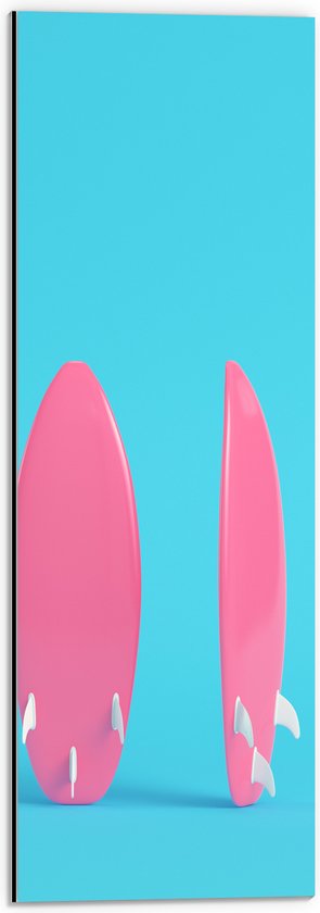 Dibond - Twee Roze Surfboads tegen Felblauwe Achtergrond - 20x60 cm Foto op Aluminium (Wanddecoratie van metaal)
