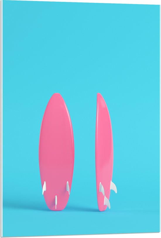 Acrylglas - Twee Roze Surfboads tegen Felblauwe Achtergrond - 60x90 cm Foto op Acrylglas (Met Ophangsysteem)