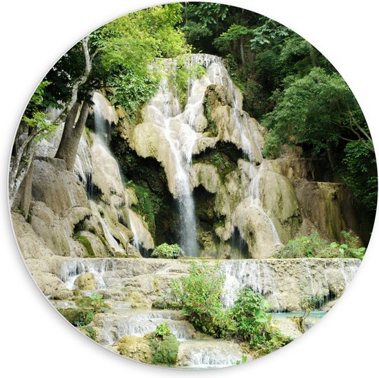 PVC Schuimplaat Muurcirkel - Beekje - Water - Waterval - Bomen - Planten - Kleuren - Natuur - 60x60 cm Foto op Muurcirkel (met ophangsysteem)