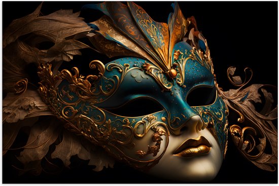 Poster (Mat) - Venetiaanse carnavals Masker met Blauwe en Gouden Details tegen Zwarte Achtergrond - 75x50 cm Foto op Posterpapier met een Matte look