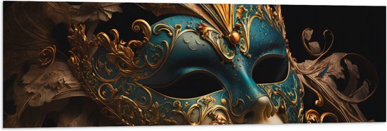 Vlag - Venetiaanse carnavals Masker met Blauwe en Gouden Details tegen Zwarte Achtergrond - 120x40 cm Foto op Polyester Vlag