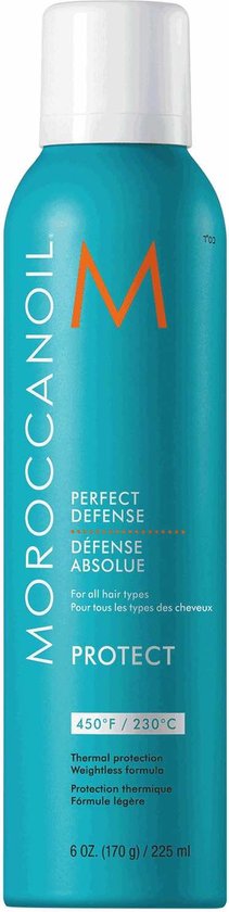 Turquoise Moroccanoil Perfect Defense spuitbus met witte dop, met tekst in het Engels en Frans.