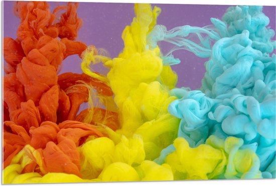 Acrylglas - Oranje, Gele en Blauwe Rookwolken - 90x60 cm Foto op Acrylglas (Wanddecoratie op Acrylaat)
