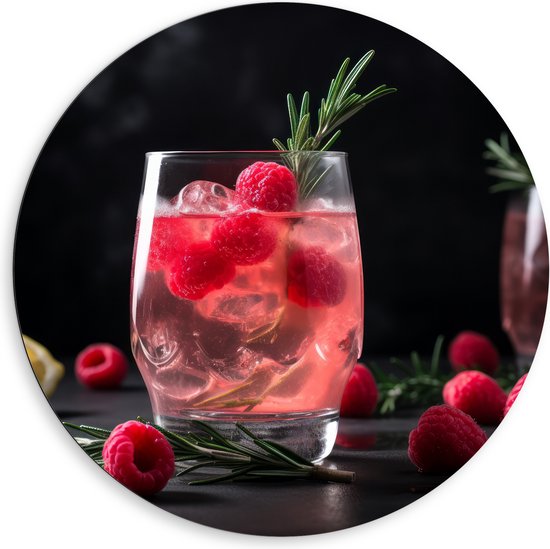 Dibond Muurcirkel - Frambozen Cocktail in Glas - 80x80 cm Foto op Aluminium Muurcirkel (met ophangsysteem)