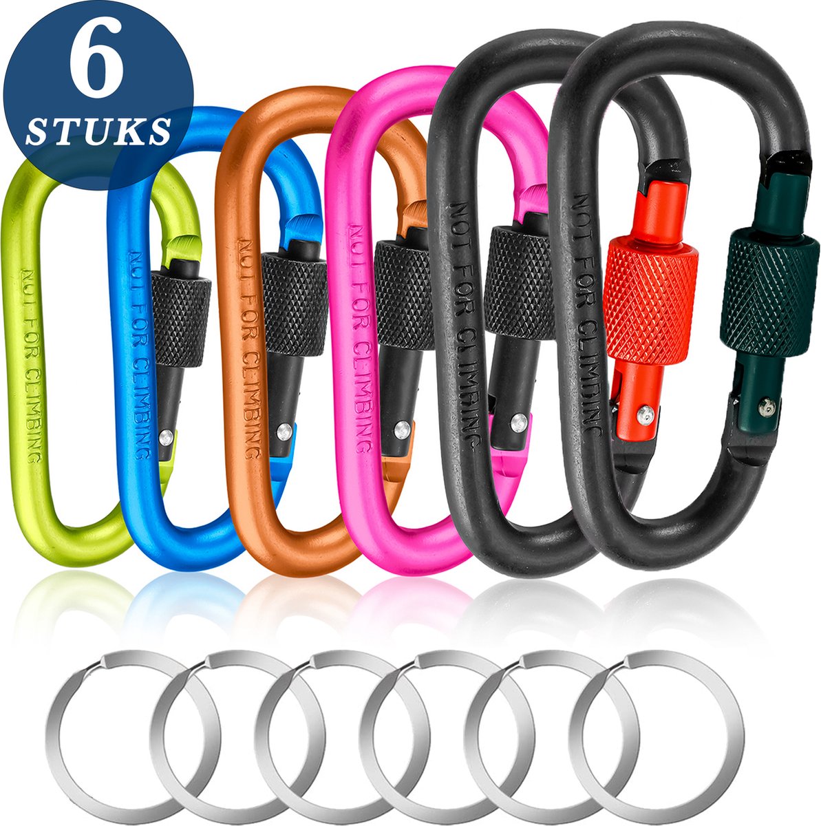 6 Stuks 78mm Karabijnhaken met Schroefsluiting Sleutelringen - Zwarte Musketonhaak - Musketon D-vorm Carabiner met Staaldraad - Grote Karabijn haak - Karabijnsluitingen en ringetjes - Aluminium Carabijnhaak - Carabijn Sleutelhangers